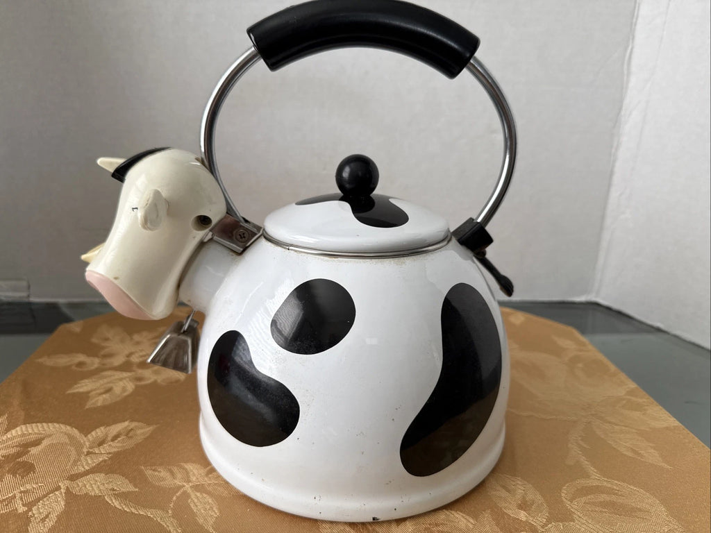 Vintage MM Kamenstein Black White Cow Whistling Tea Kettle Teapot, 1992