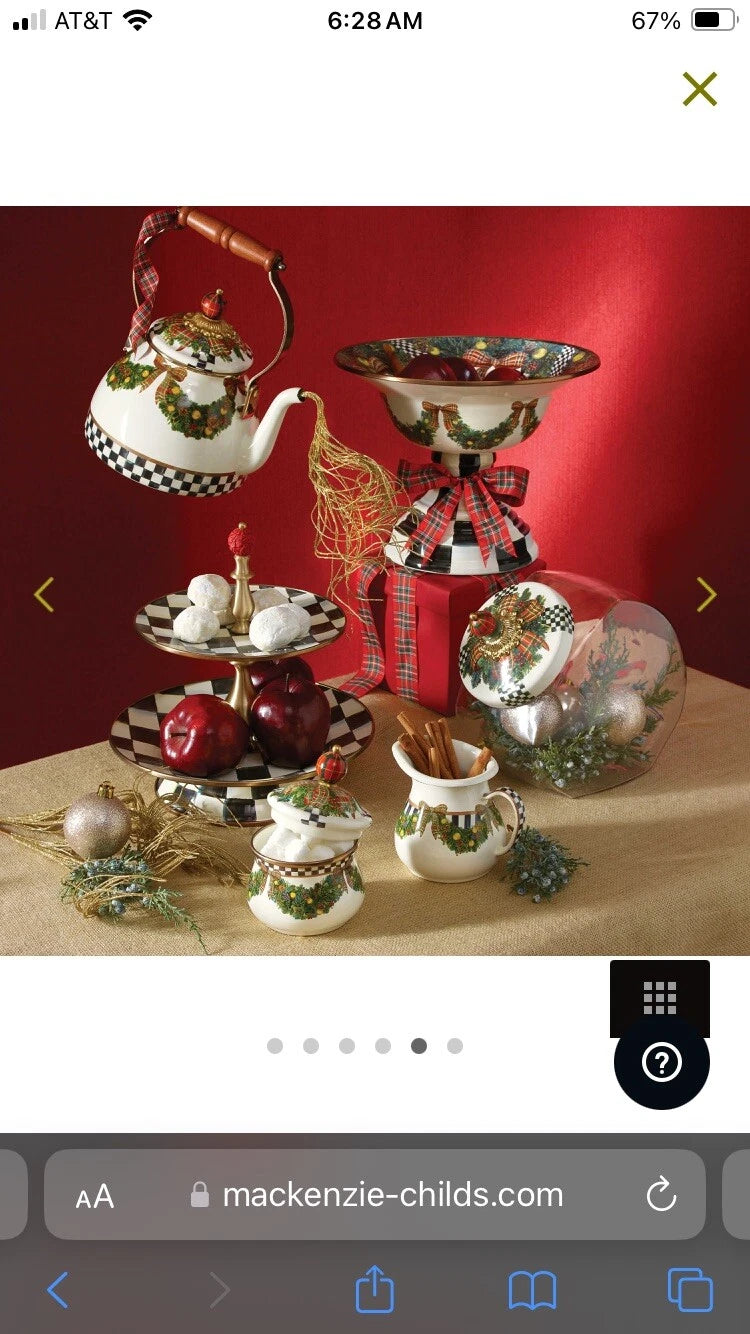 NEW MacKenzie Childs Evergreen Enamel Tea Kettle Cream Green Red 2 Quart