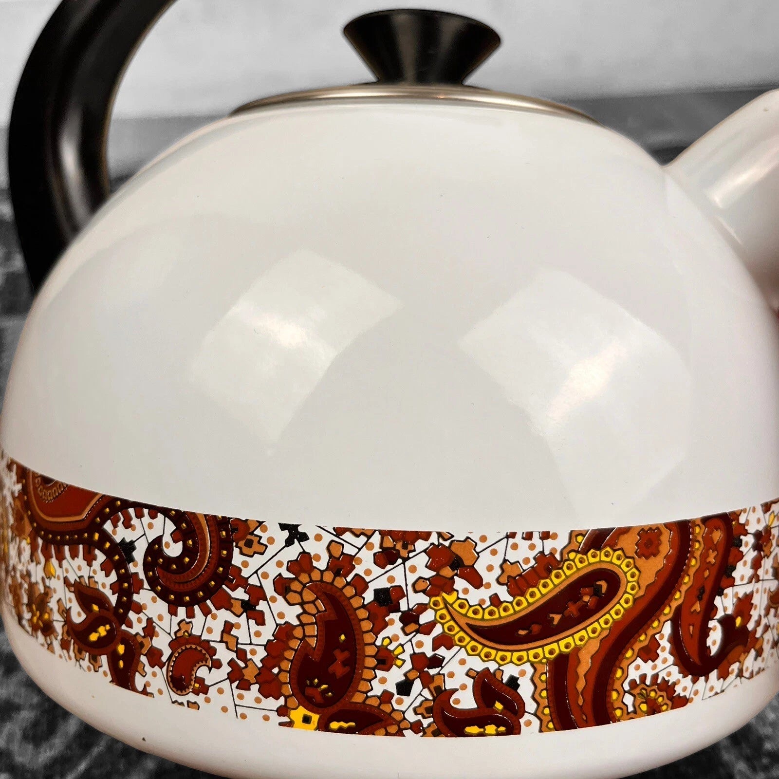 70's Design White Enamel Metal Whistling Tea Coffee Kettle Paisley Brown White