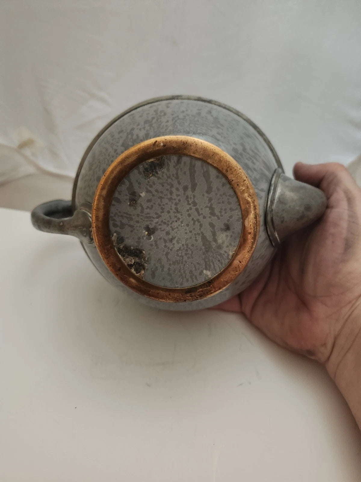 Mid 1880's Grey Graniteware Ironware Pewter & Brass Trimmed Teapot Enamel Ware