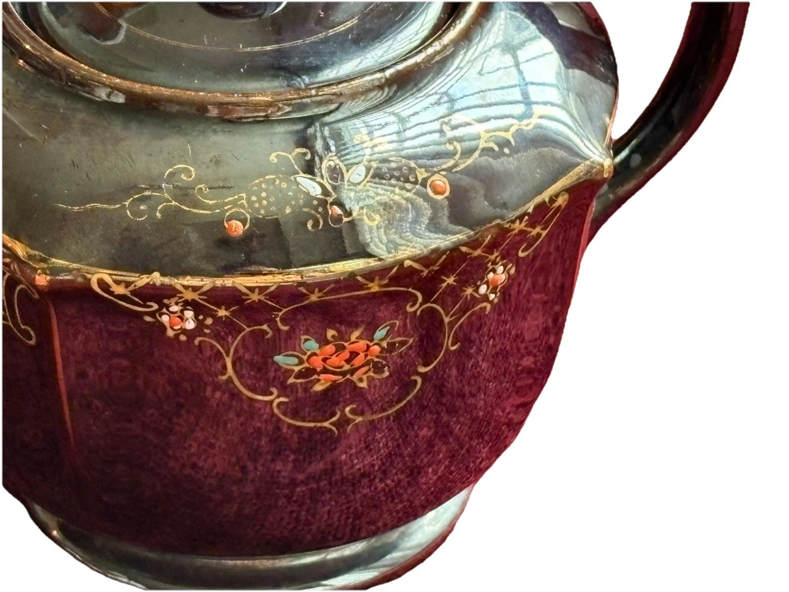 Vtg Japanese Redware Teapot Brown Betty Moriage Enamel Hand Painted Deco 2 Chips