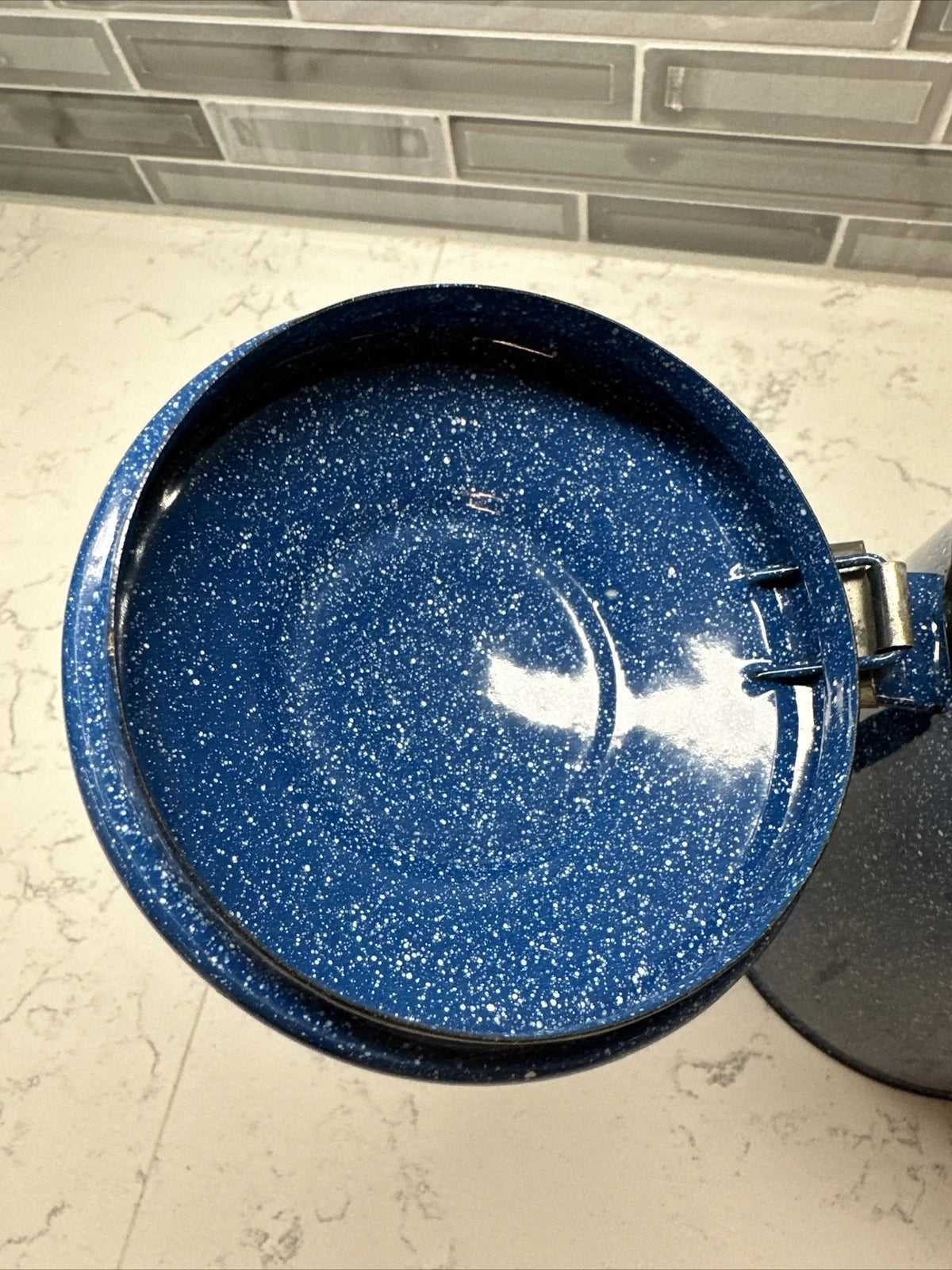 Vintage blue and white speckled enamel coffee/tea kettle 8” hiking camping RV