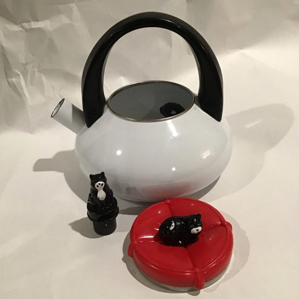 Red And White Enamel Kitty Cat Tea Kettle W/ Small Repair - Discounted
