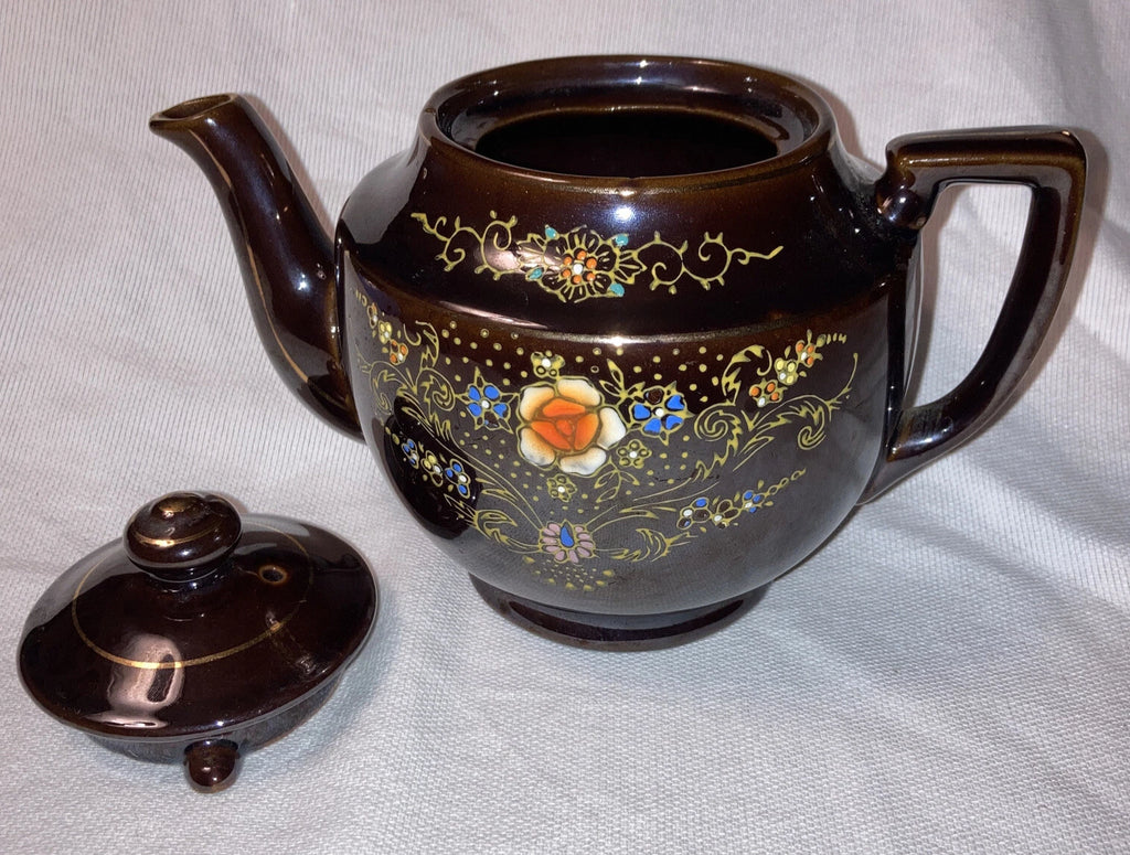Brown Ceramic Tea Pot with Lid - Gold Trim Enameled Flowers 5 1/2" Made inJapan