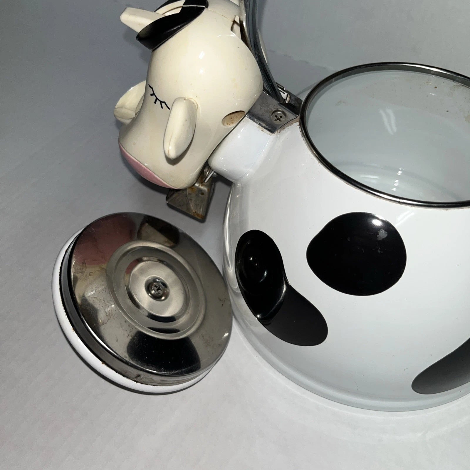 1992 M.K. Kamenstein Whistling 2 Quart Black and White Cow Tea Kettle with Bell