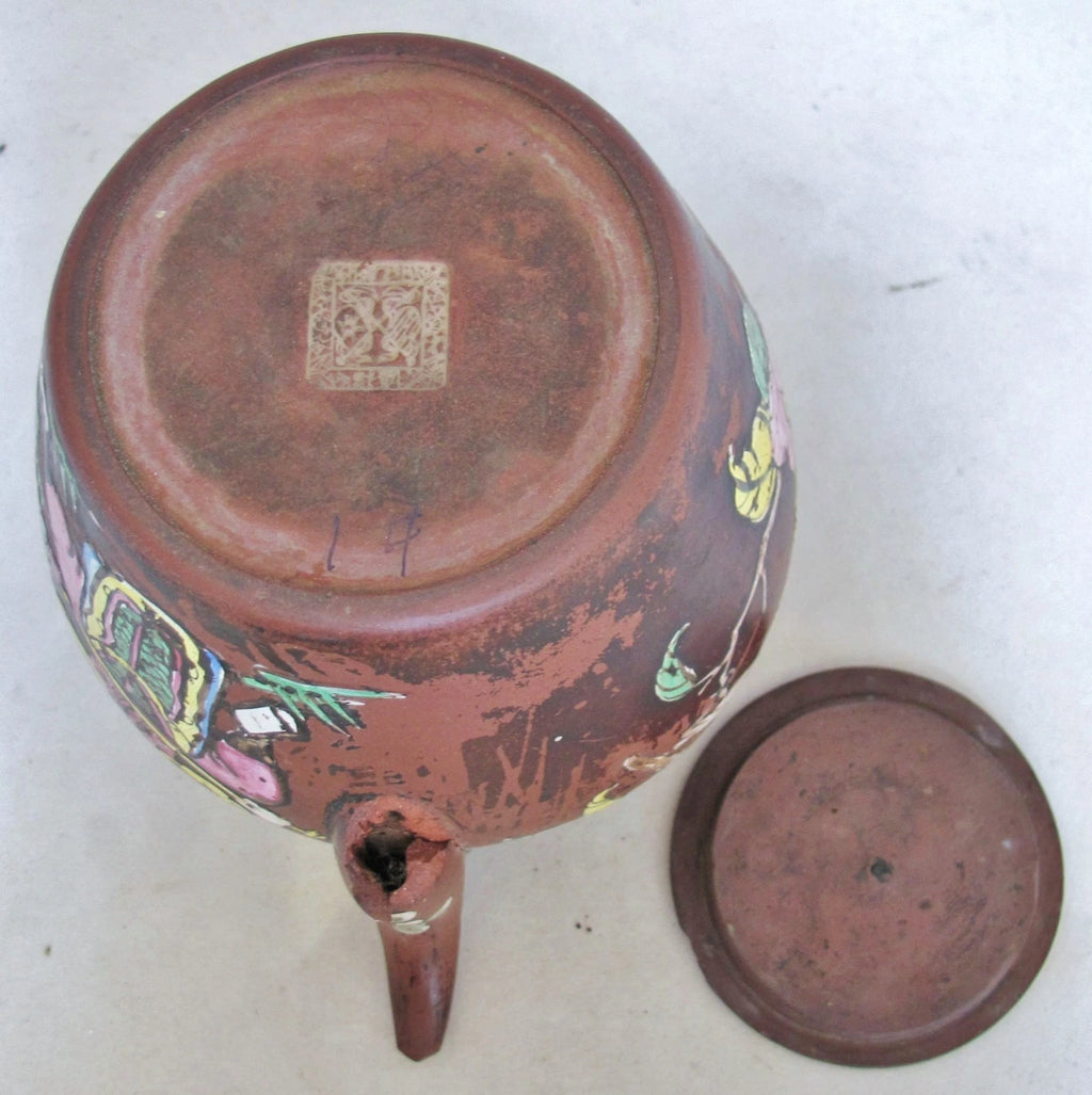 Big 7.7" Old Chinese YIXING Clay Teapot w/ Enameled Bird, Flowers & Dignitaries