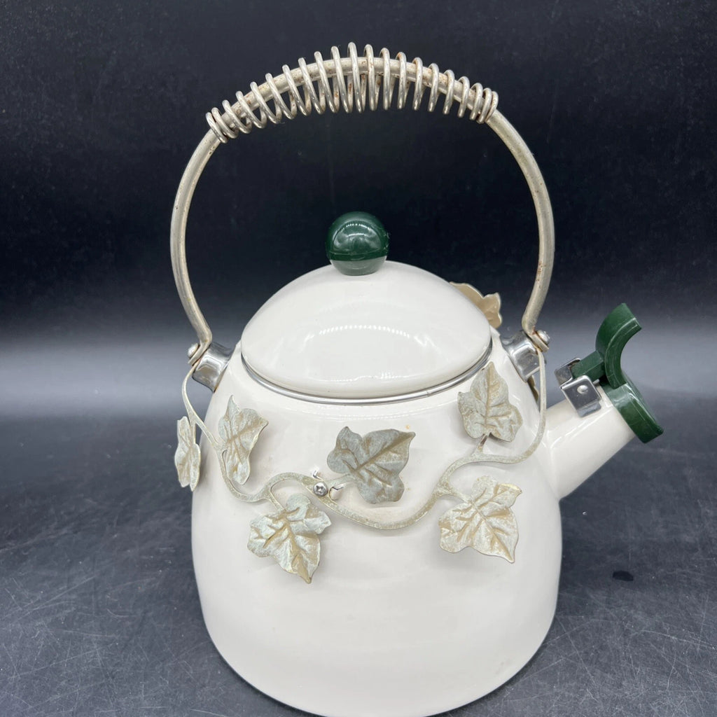 VTG Via Ancona White Enamel Whistling Tea Kettle Ivory, Green Knob Ivy Garland