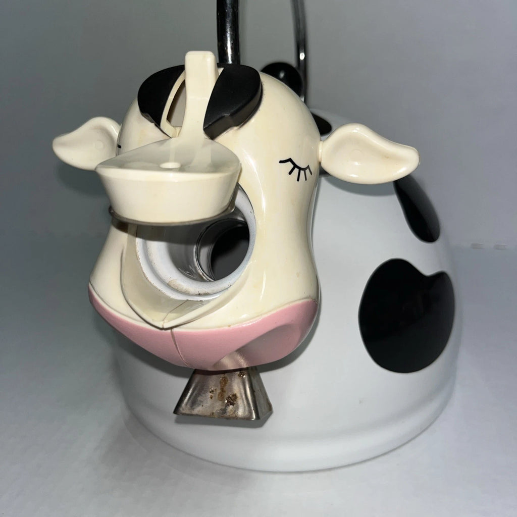 1992 M.K. Kamenstein Whistling 2 Quart Black and White Cow Tea Kettle with Bell