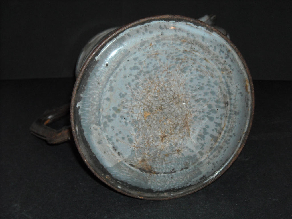 Early Grey Graniteware Teapot Enamel Ware - Primitive Elaborate Metal Handle