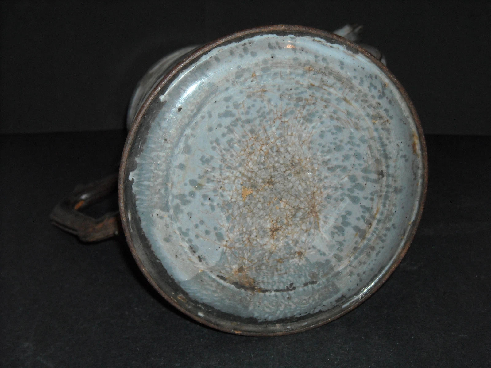 Early Grey Graniteware Teapot Enamel Ware - Primitive Elaborate Metal Handle