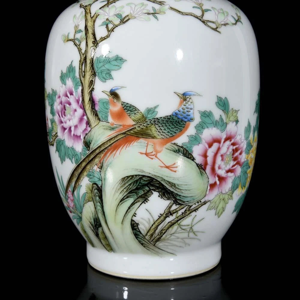 34CM Qianlong Signed Old Chinese Colour Enamel Vase W/bird N3272