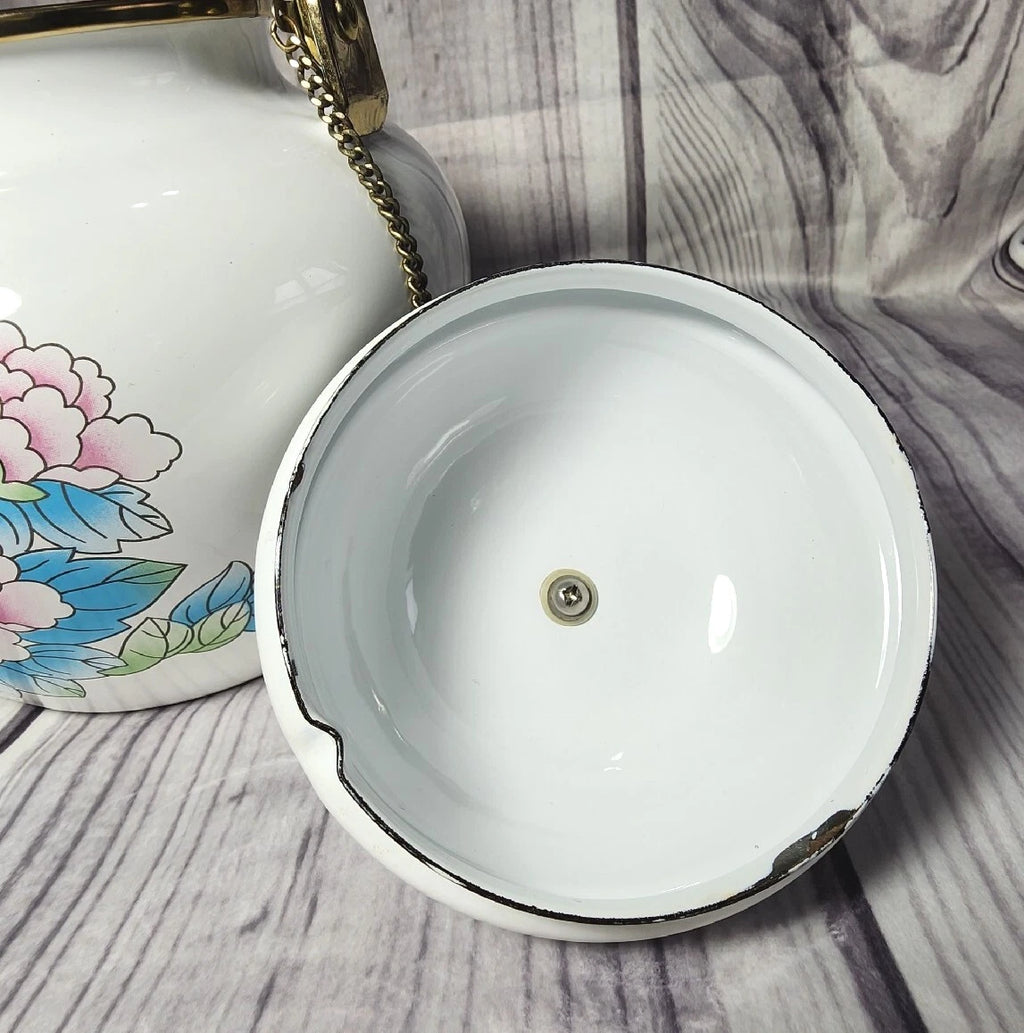 Vtg 1988 Tea Kettle Pot Enamel White Poppies Flowers Brass National Housewares