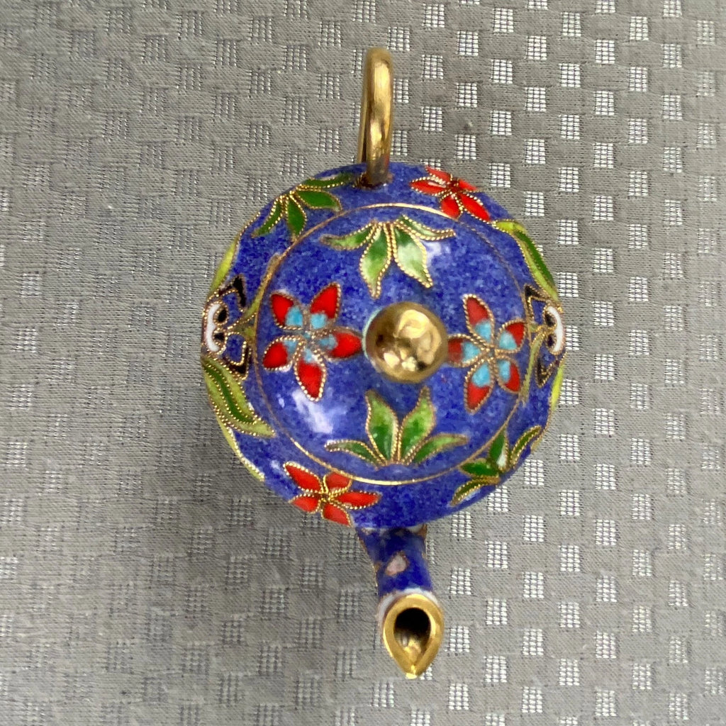 Vtg Miniature Cobalt Blue Enamel Gilded Cloisonne Floral Metal Back Teapot & Lid