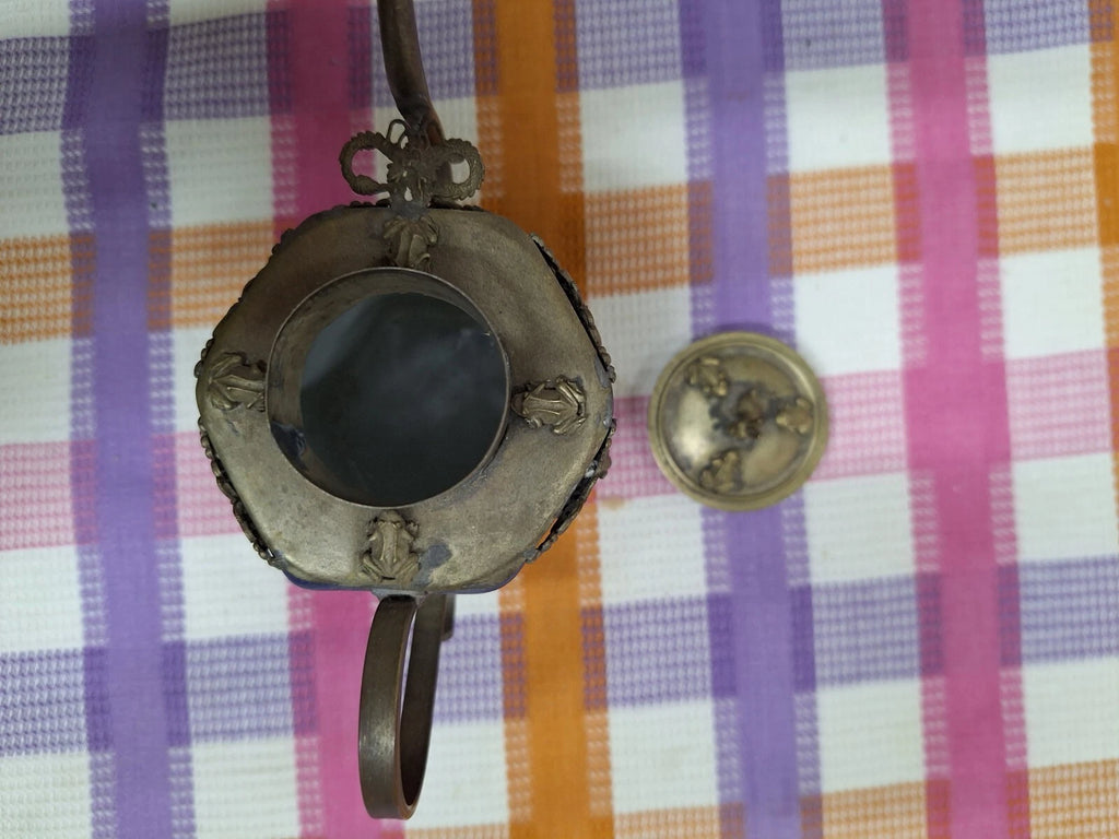 Vintag Tibetan/Chinese Brass Blue Enamel Rabbit , Tiger , Frog Teapot