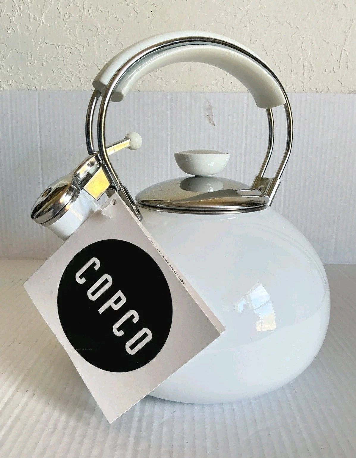 Vintage Copco Tea Kettle Whistling White Enamel Stainless Steel 2004 NEW NOS