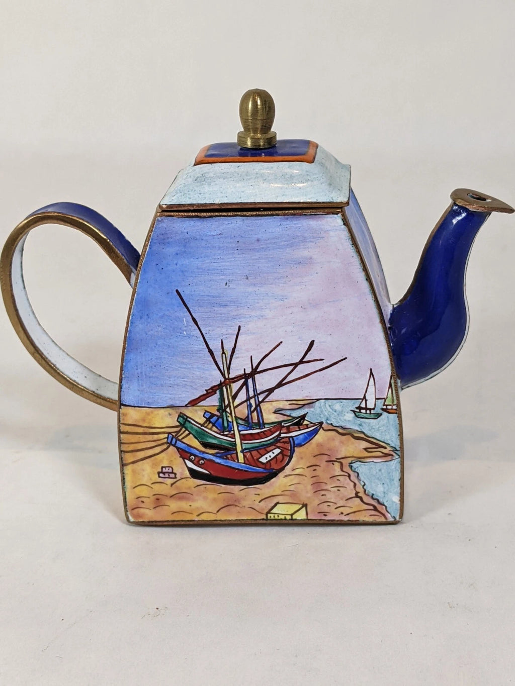 Kelvin Chen Handpainted Miniature Enamel Tea Pot brass boat scene