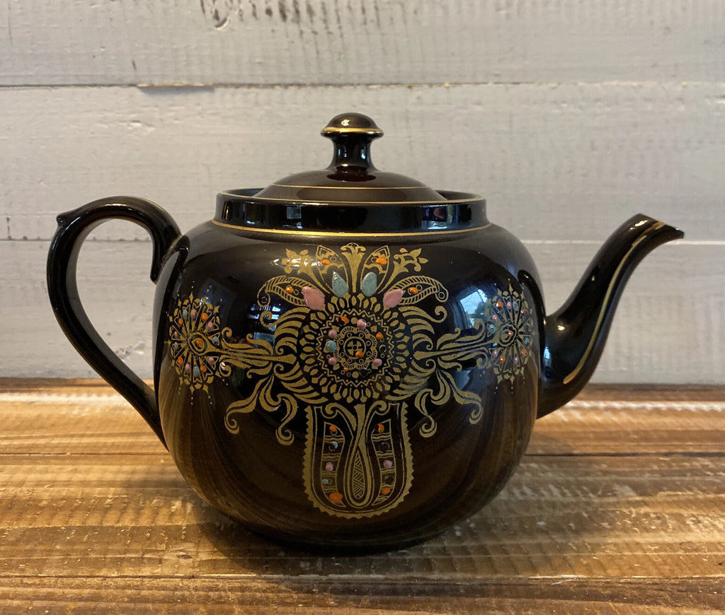 Vintage Gibson & Sons Marina Teapot w/ Lid Black Gold Enamel Burslem England
