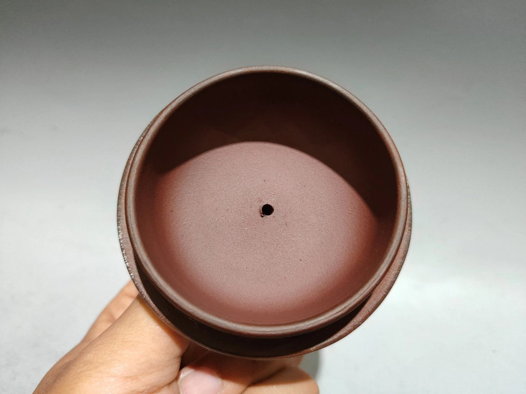 Chinese Purple Clay Pot Health Trays Figurine Enamel Painted Carved Floral