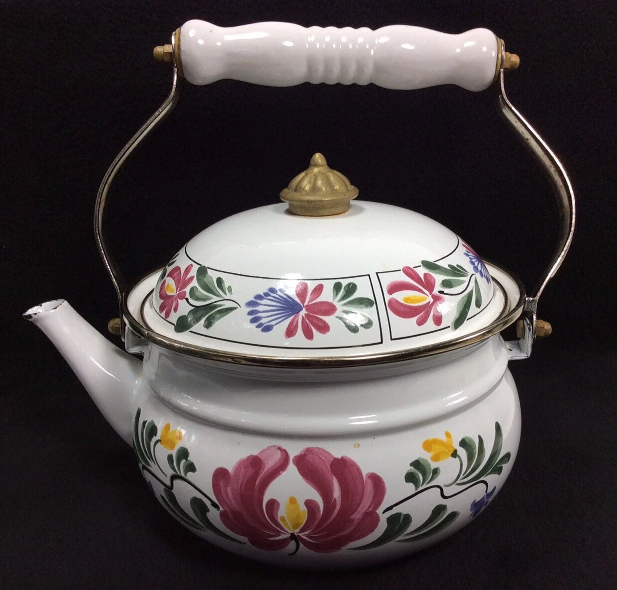 Vintage Enameled Metal Floral Teapot / Kettle Ceramic Handle + Brass Knob