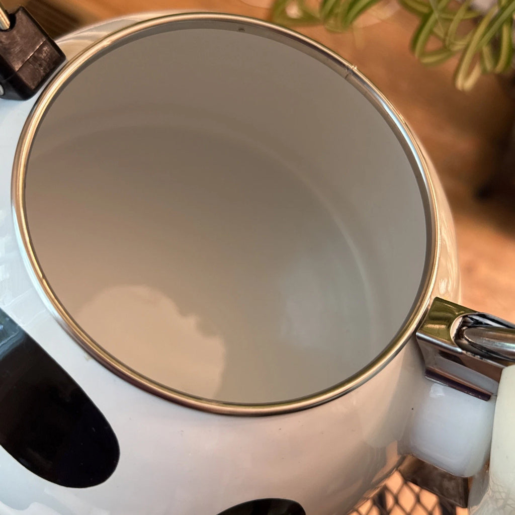 Vintage M Kamenstein Black White Cow Whistling Tea Kettle Teapot