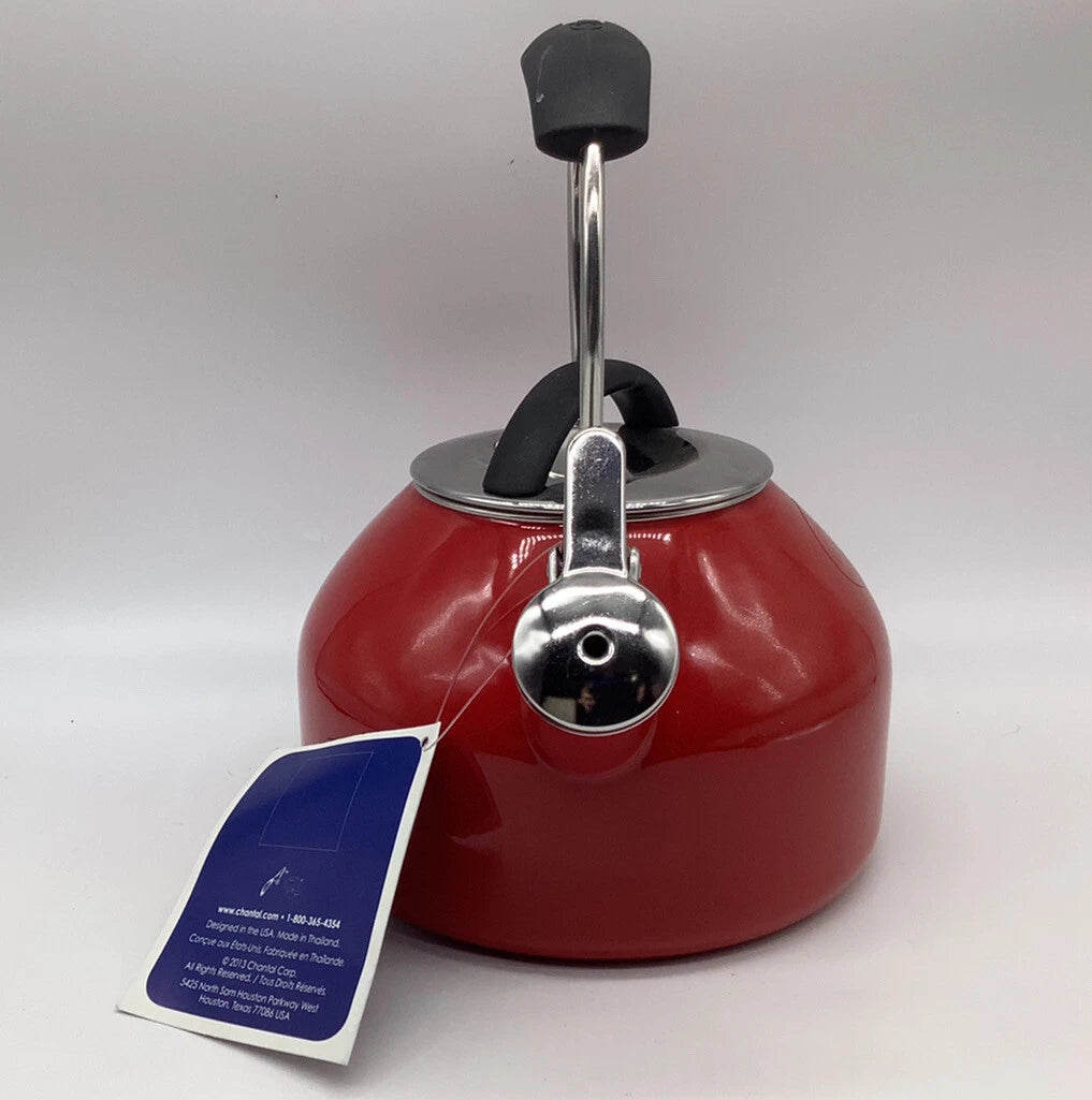 Chantal Whistling Tea Kettle Teapot Red & Silver Enamel 1.8 Quart New With Flaw