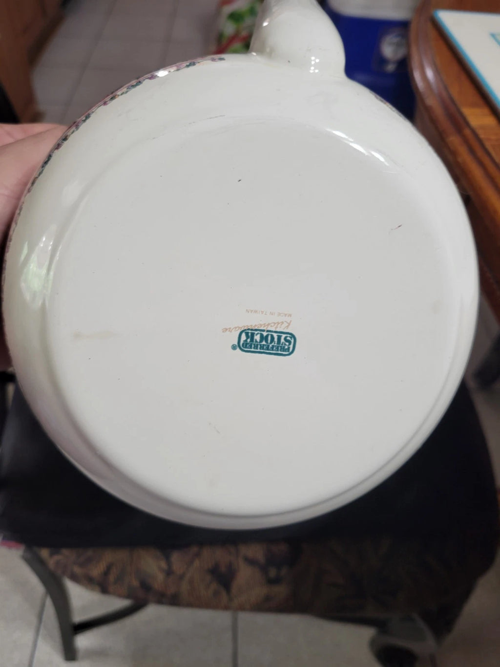 1990s Floral Enamel Tea Kettle, w Brass & ceramic Handle, Preferred stock Taiwan