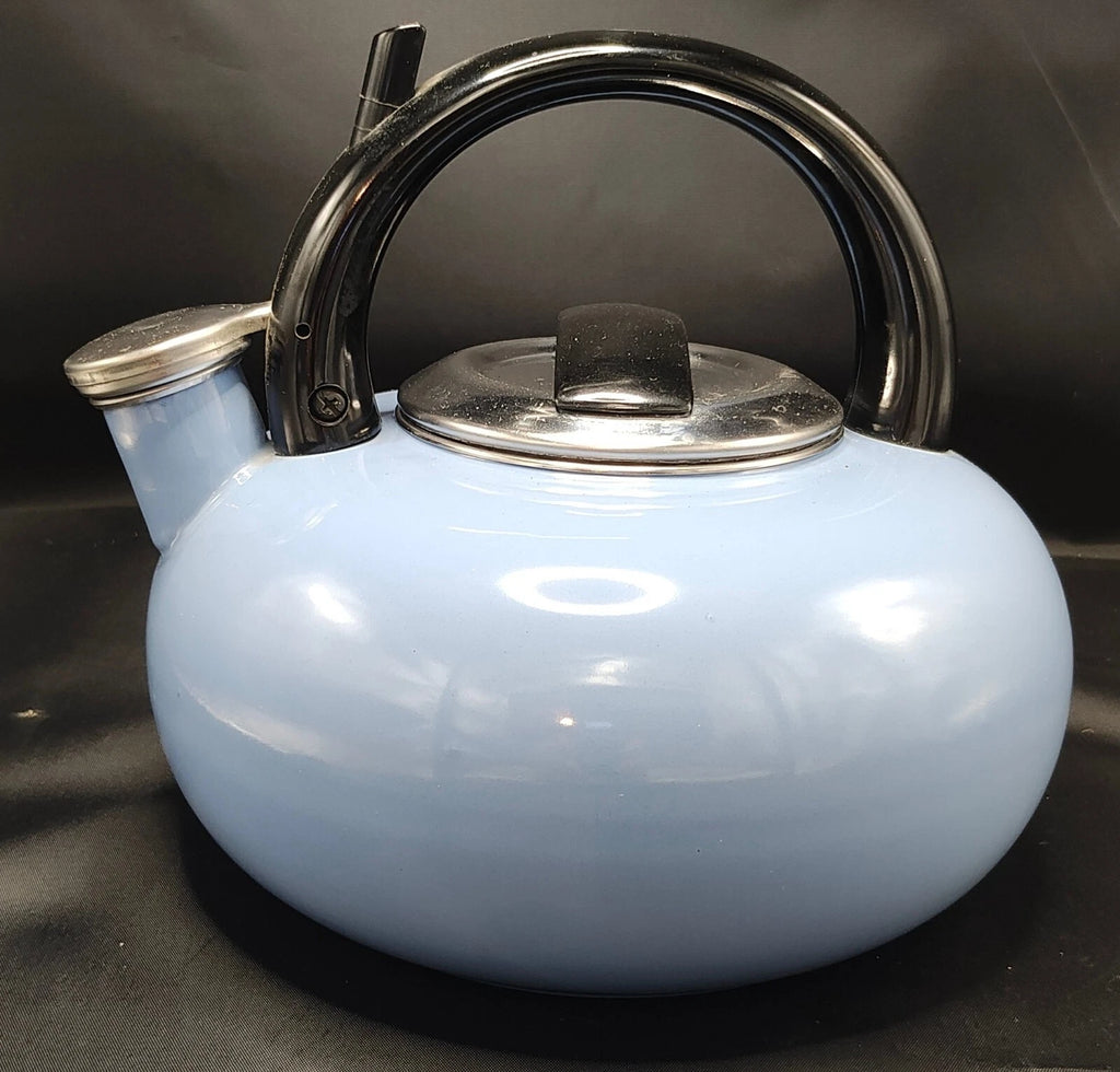 Kamenstein Vintage Light Blue Enamel Tea Kettle Whistling Teapot Indonesia 1991
