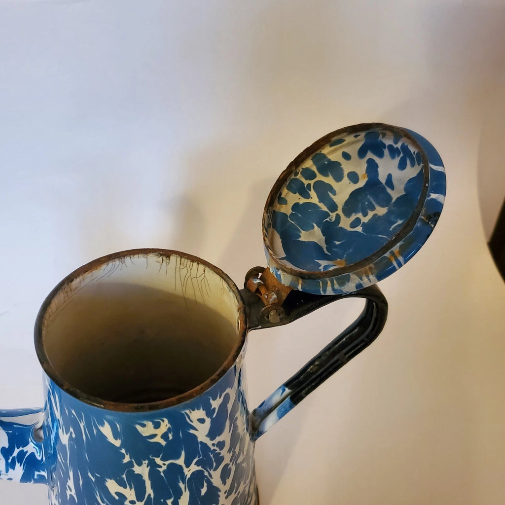 Antique Enamelware Coffee Pot Hinged Lid Seamless Original Turquoise Swirl 9"