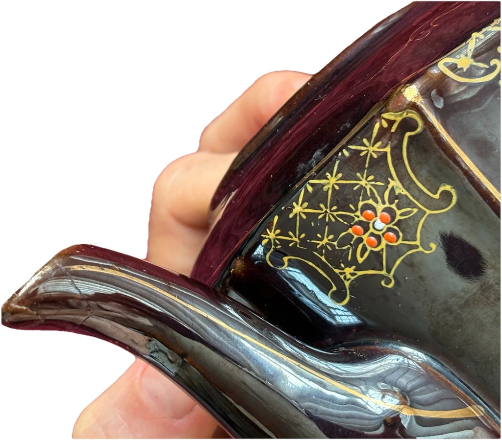 Vtg Japanese Redware Teapot Brown Betty Moriage Enamel Hand Painted Deco 2 Chips