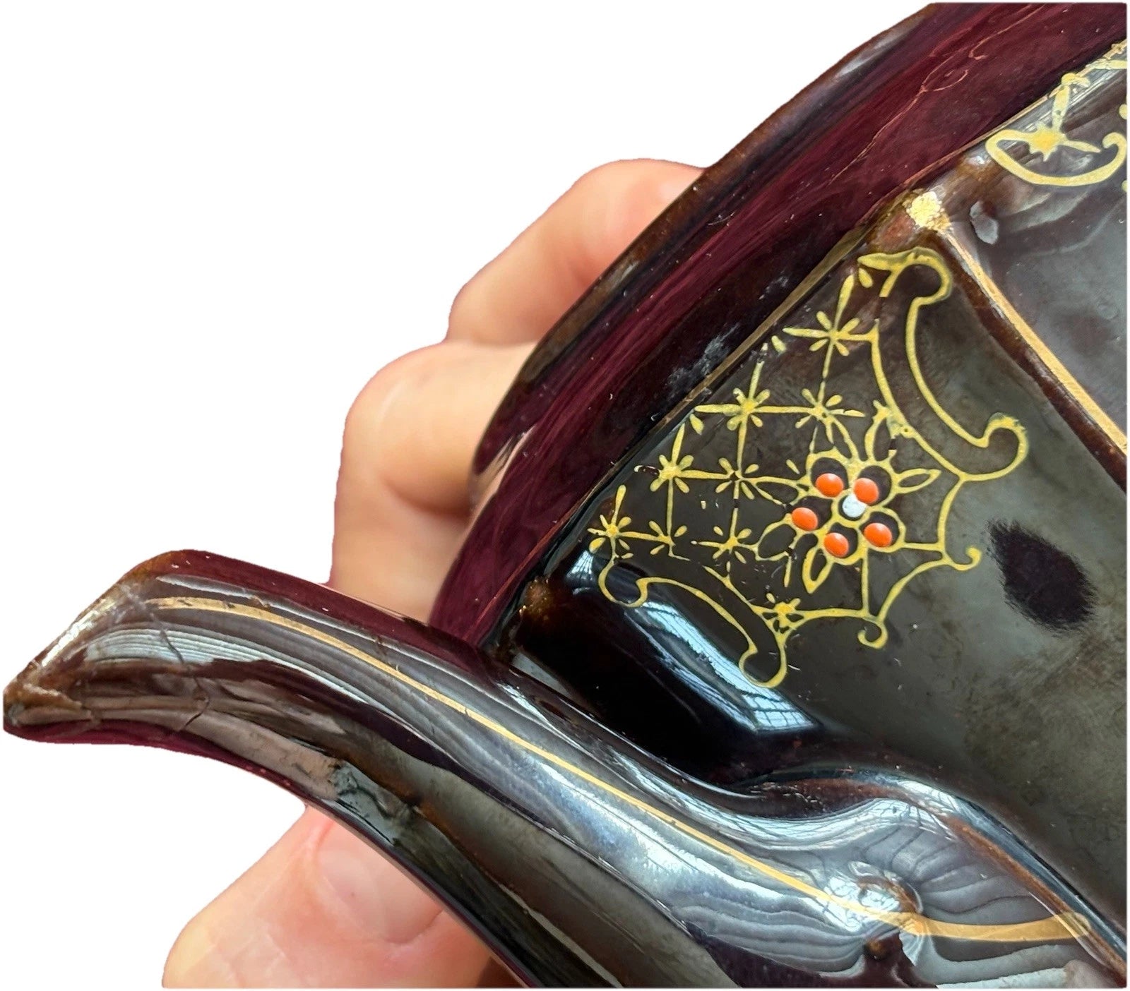 Vtg Japanese Redware Teapot Brown Betty Moriage Enamel Hand Painted Deco 2 Chips