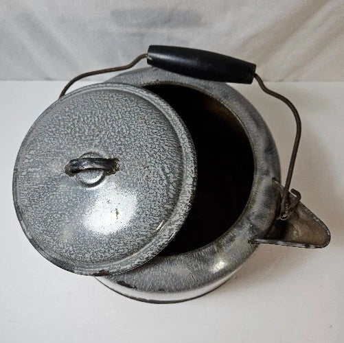Antique Gray Enamelware Teapot Cowboy Camp Tea Kettle