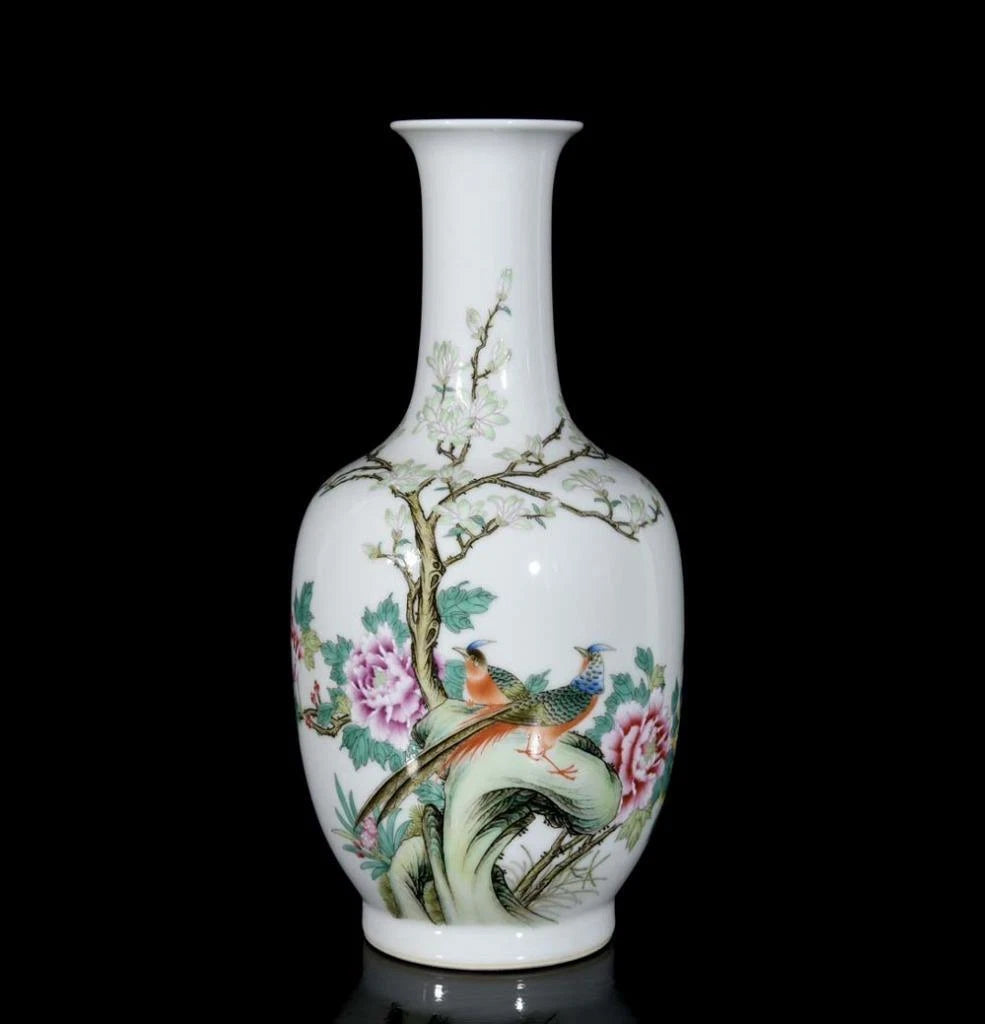 34CM Qianlong Signed Old Chinese Colour Enamel Vase W/bird N3272