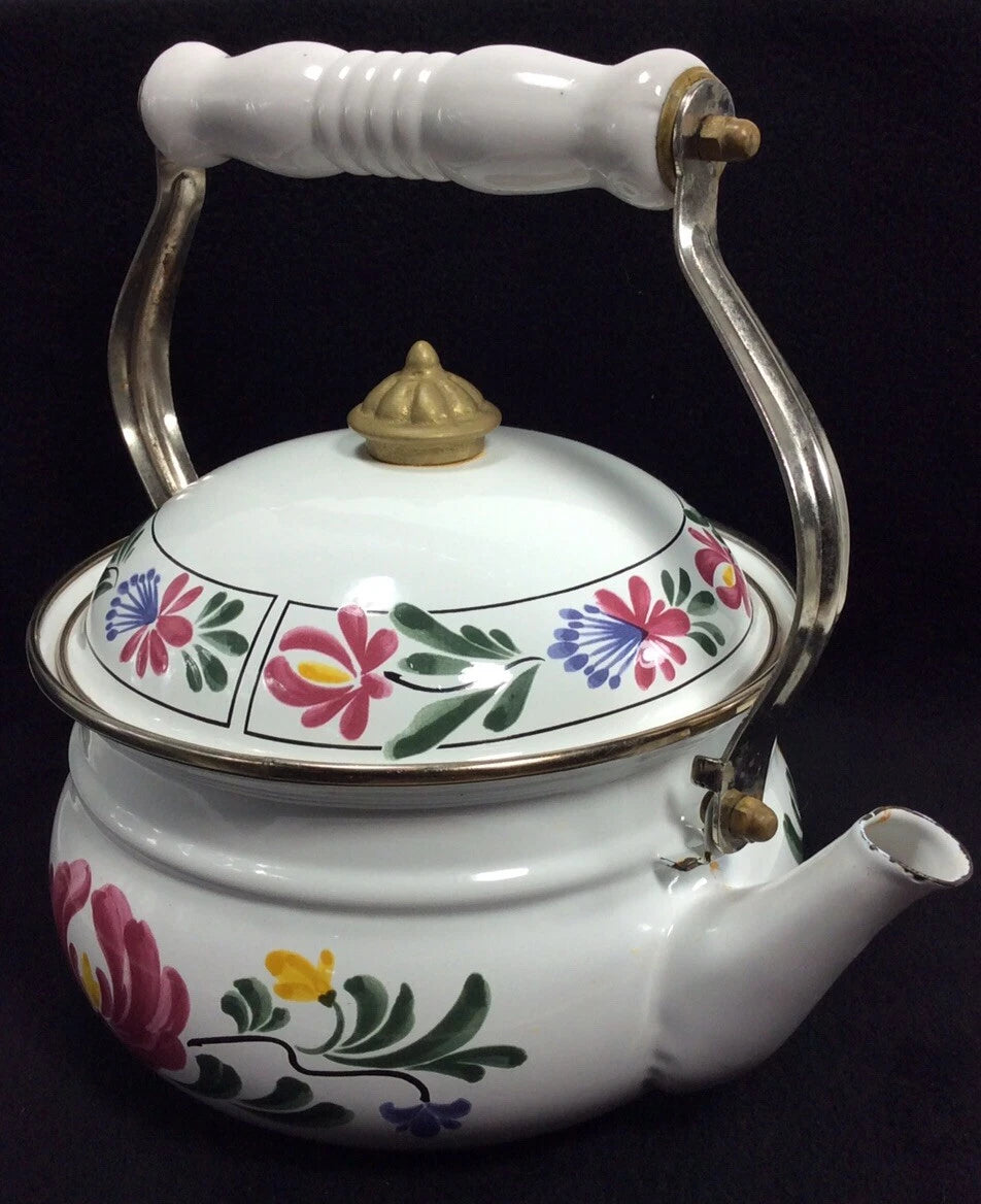 Vintage Enameled Metal Floral Teapot / Kettle Ceramic Handle + Brass Knob