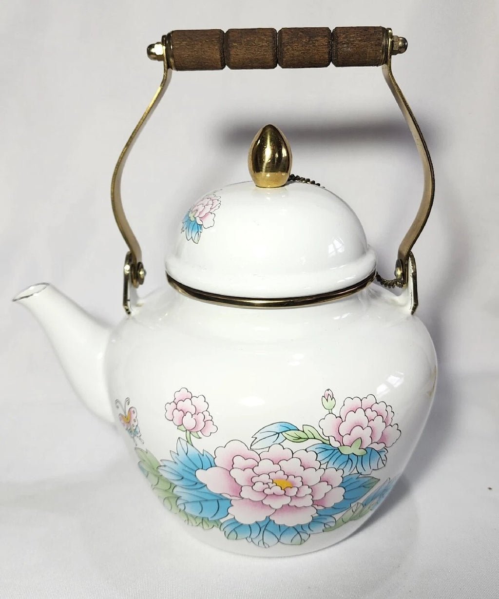 Vtg 1988 Tea Kettle Pot Enamel White Poppies Flowers Brass National Housewares