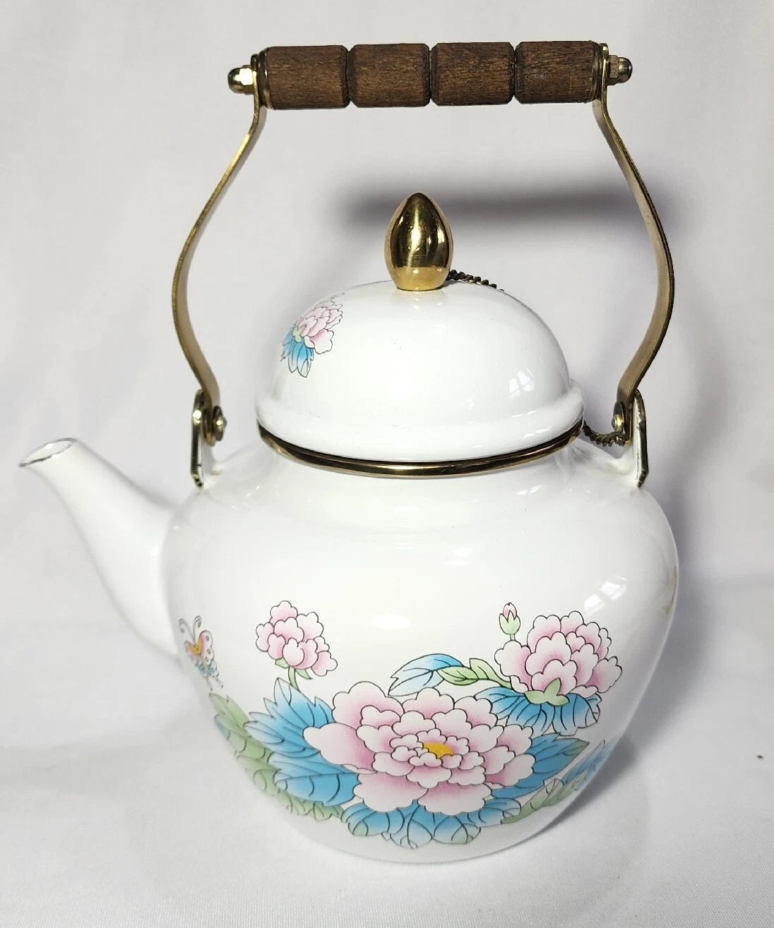 Vtg 1988 Tea Kettle Pot Enamel White Poppies Flowers Brass National Housewares