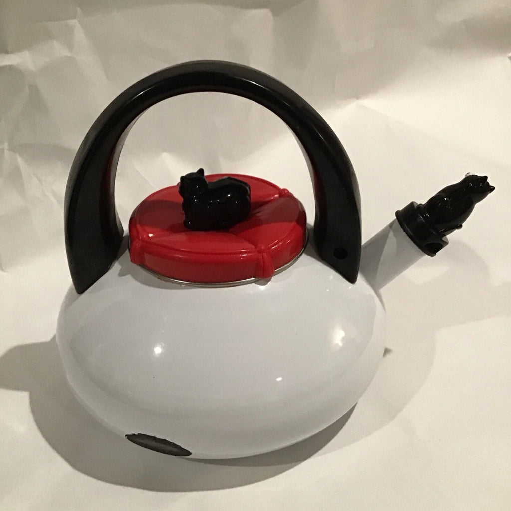 Red And White Enamel Kitty Cat Tea Kettle W/ Small Repair - Discounted