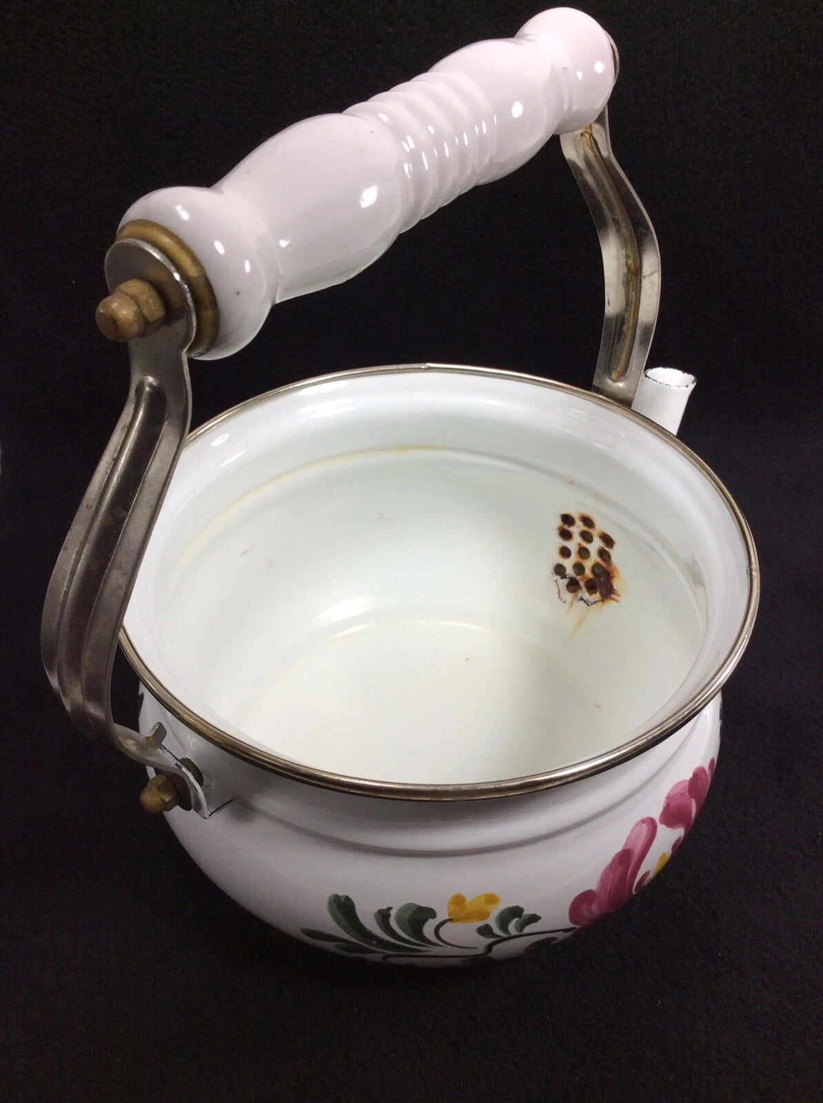 Vintage Enameled Metal Floral Teapot / Kettle Ceramic Handle + Brass Knob