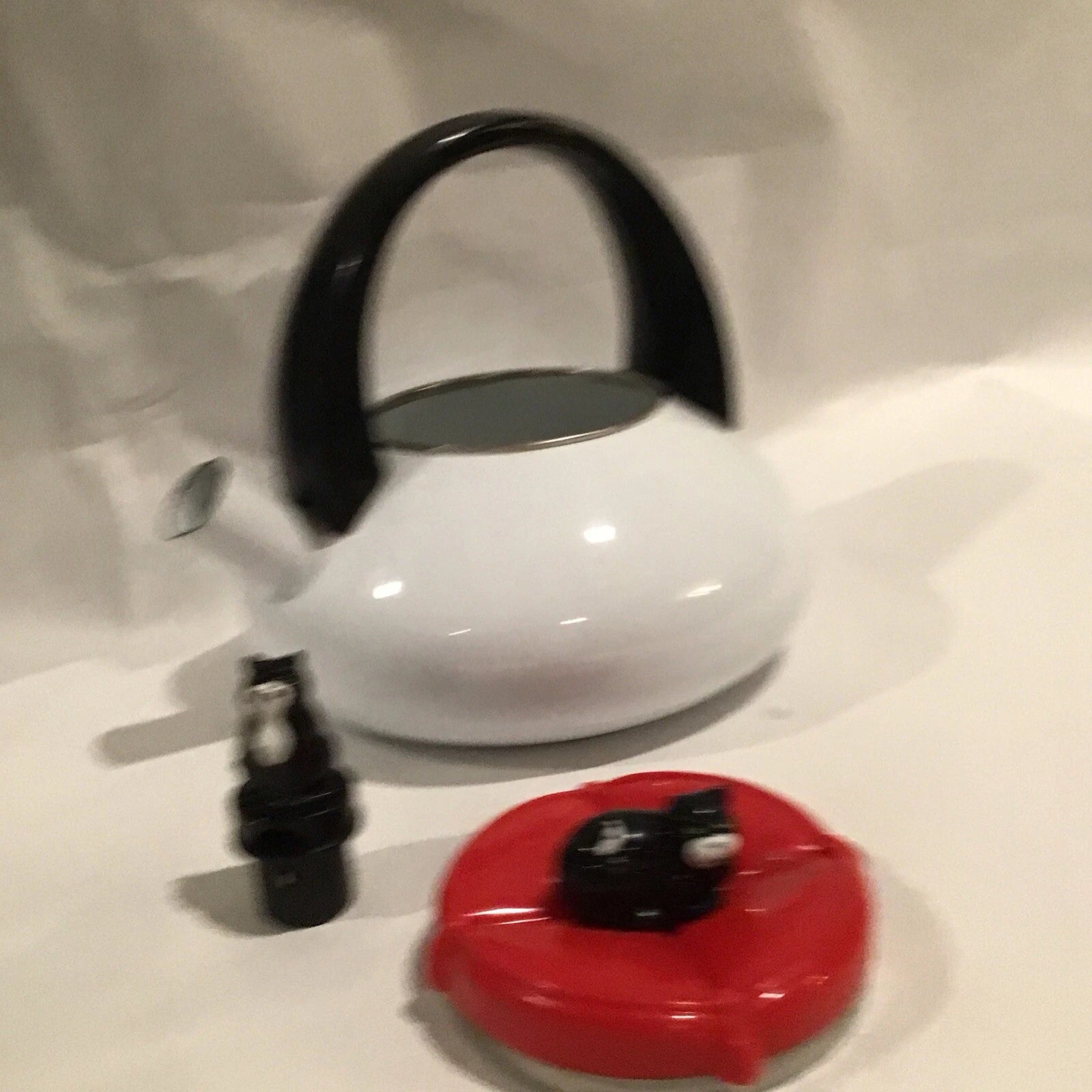 Red And White Enamel Kitty Cat Tea Kettle W/ Small Repair - Discounted