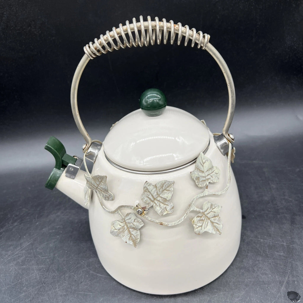 VTG Via Ancona White Enamel Whistling Tea Kettle Ivory, Green Knob Ivy Garland