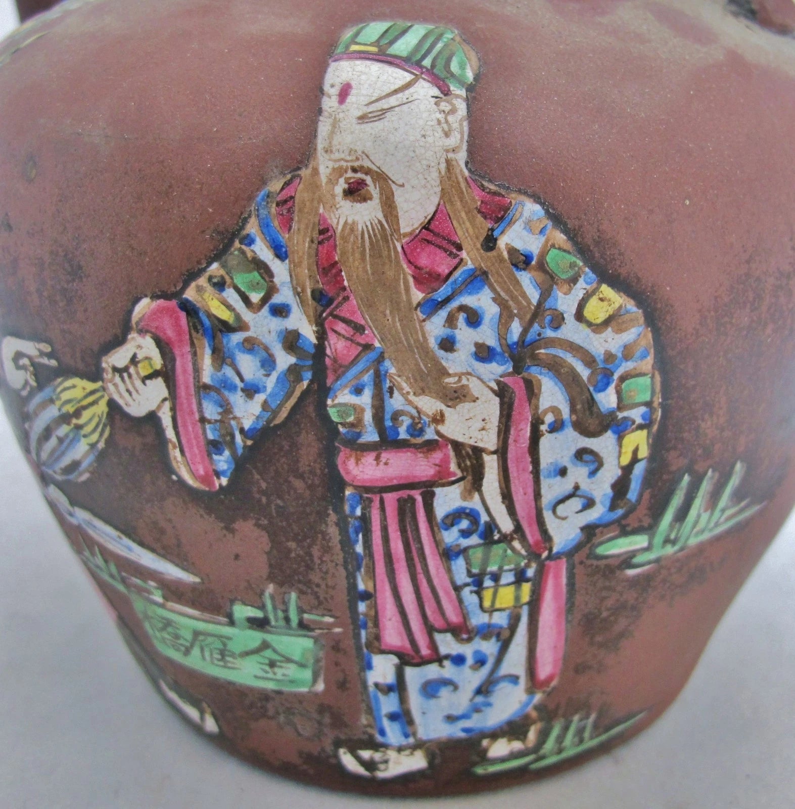 Big 7.7" Old Chinese YIXING Clay Teapot w/ Enameled Bird, Flowers & Dignitaries