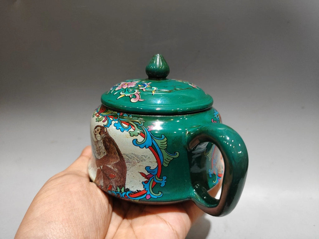 Chinese Purple Clay Pot Health Trays Figurine Enamel Painted Carved Floral