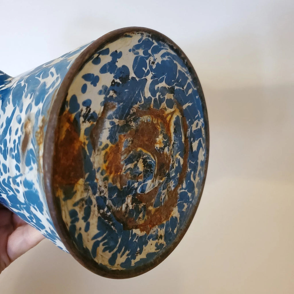 Antique Enamelware Coffee Pot Hinged Lid Seamless Original Turquoise Swirl 9"