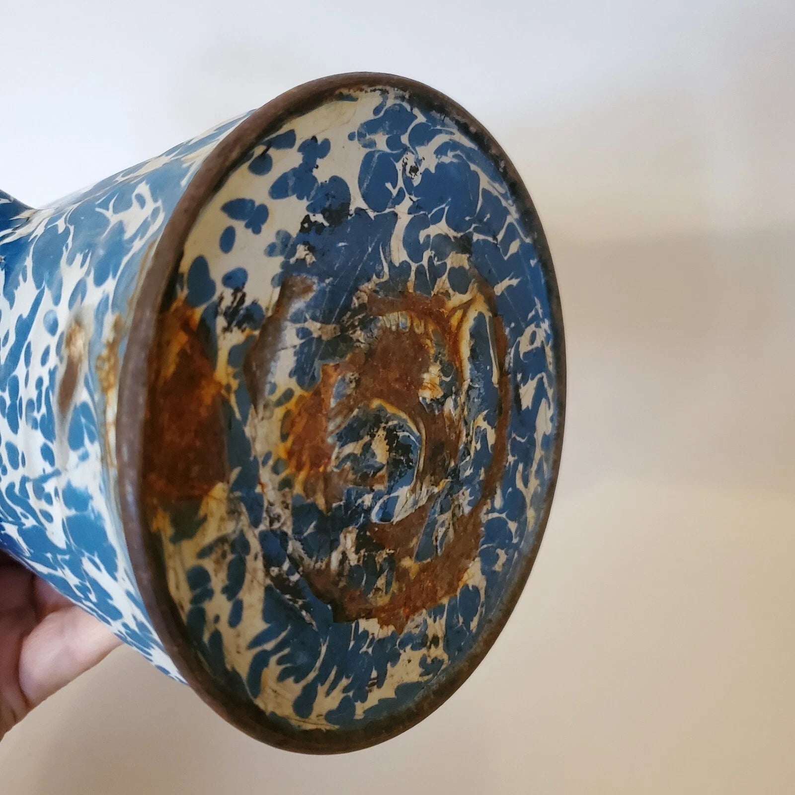 Antique Enamelware Coffee Pot Hinged Lid Seamless Original Turquoise Swirl 9"