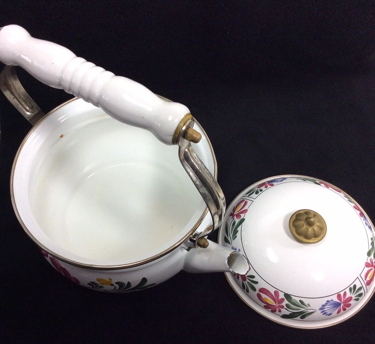 Vintage Enameled Metal Floral Teapot / Kettle Ceramic Handle + Brass Knob