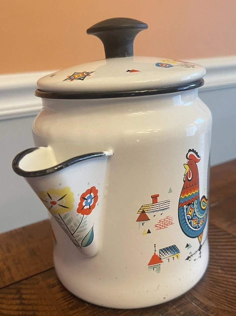 Vintage BERGGREN Enamel Coffee Pot Swedish Rooster Kettle Farm Flowers