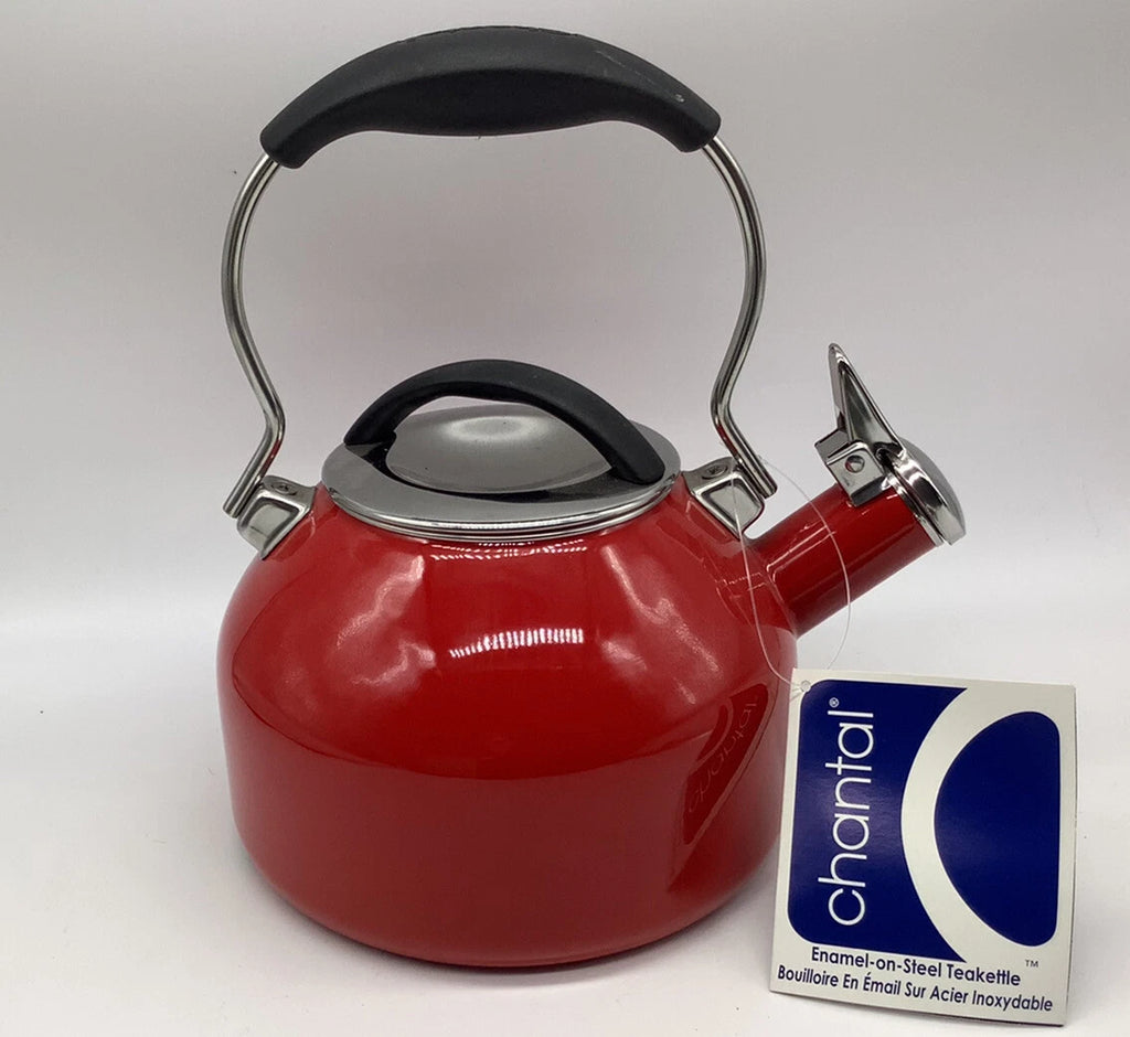 Chantal Whistling Tea Kettle Teapot Red & Silver Enamel 1.8 Quart New With Flaw