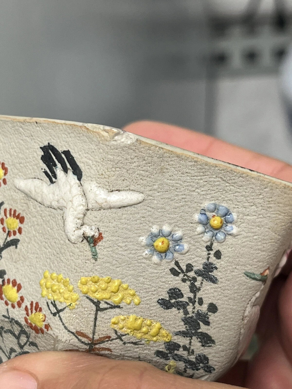 Japanese Banko Ware Plate and Teacup Crane Enamel  Marked