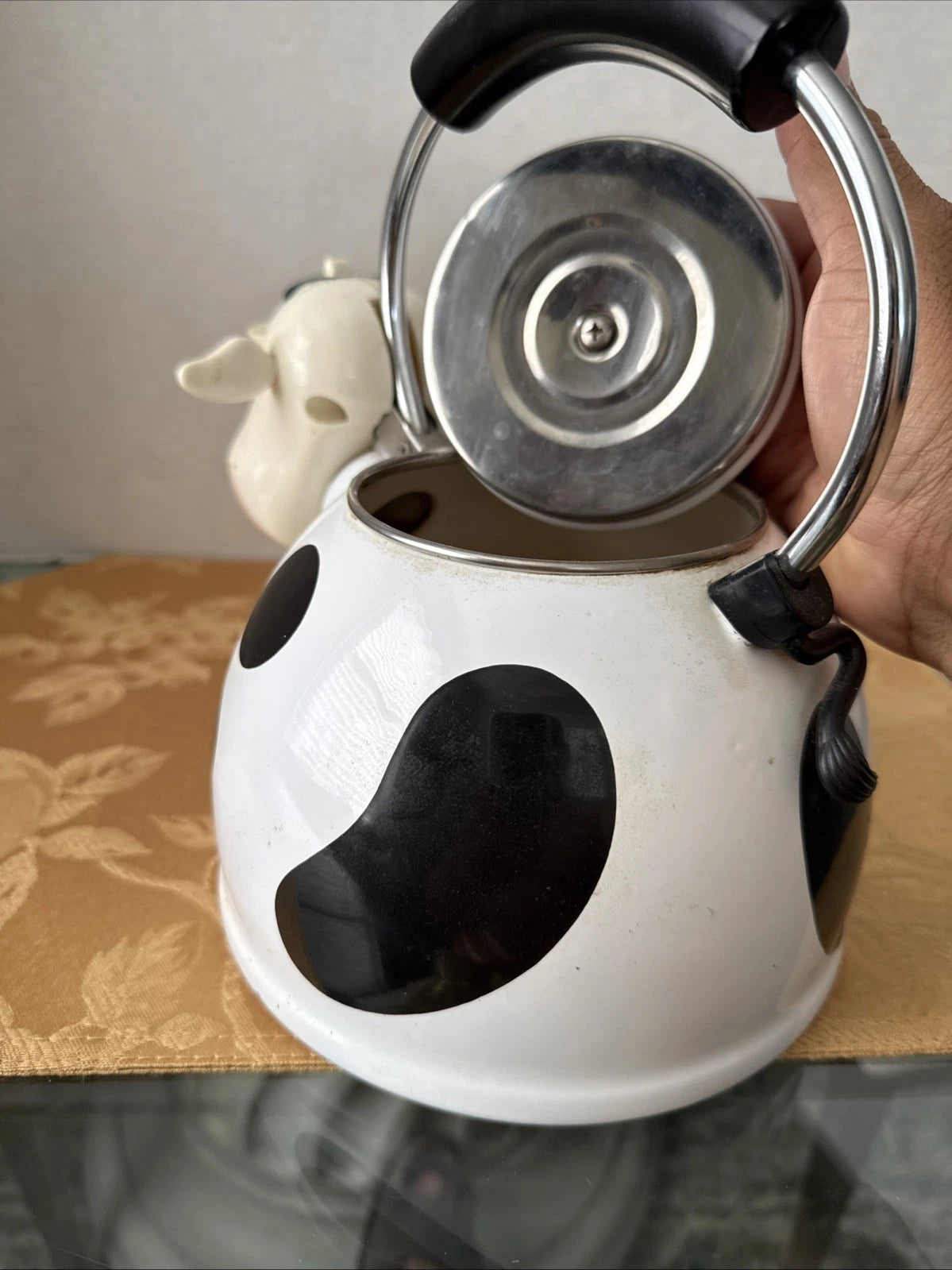 Vintage MM Kamenstein Black White Cow Whistling Tea Kettle Teapot, 1992