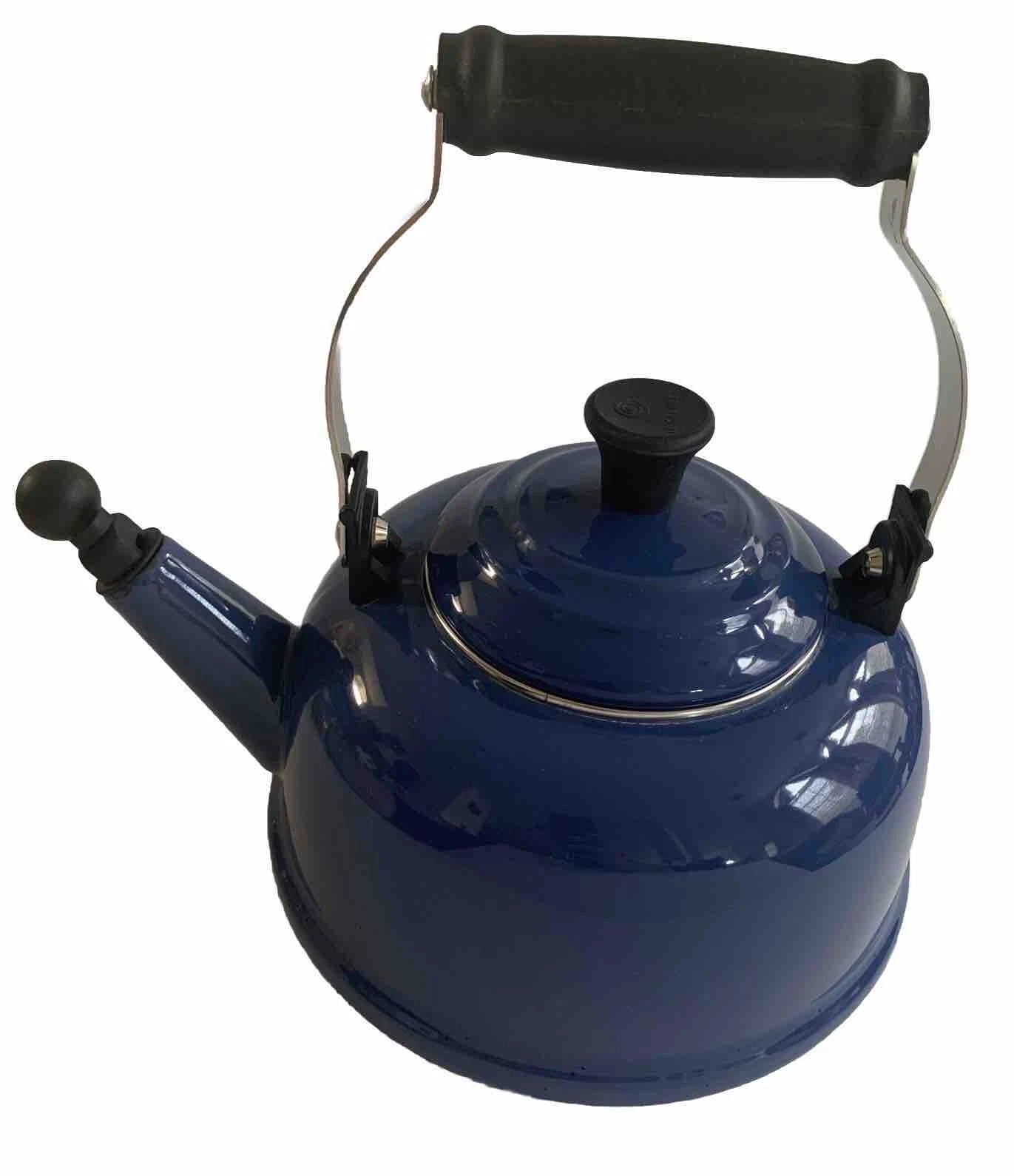 Le Creuset Whistling Tea Kettle Blue 1.6 Liter 1.7 Quart Enamel Steel Small Chip