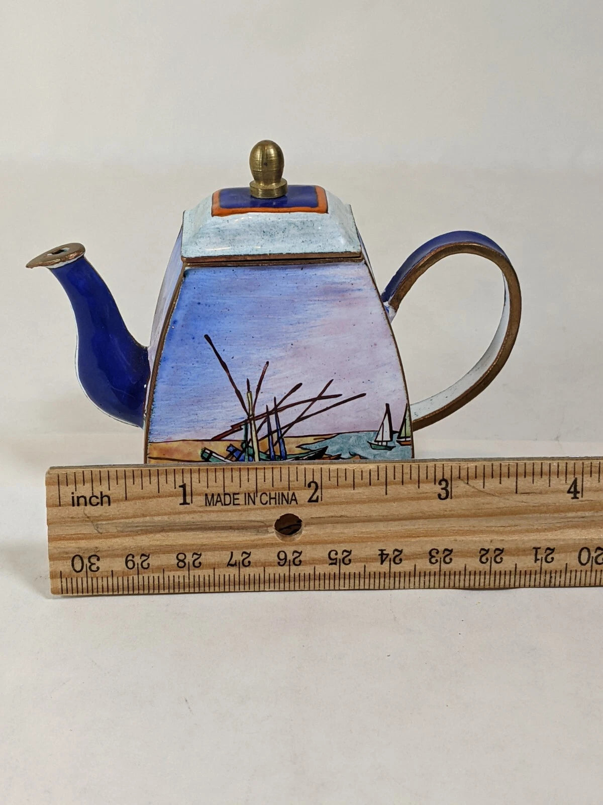 Kelvin Chen Handpainted Miniature Enamel Tea Pot brass boat scene